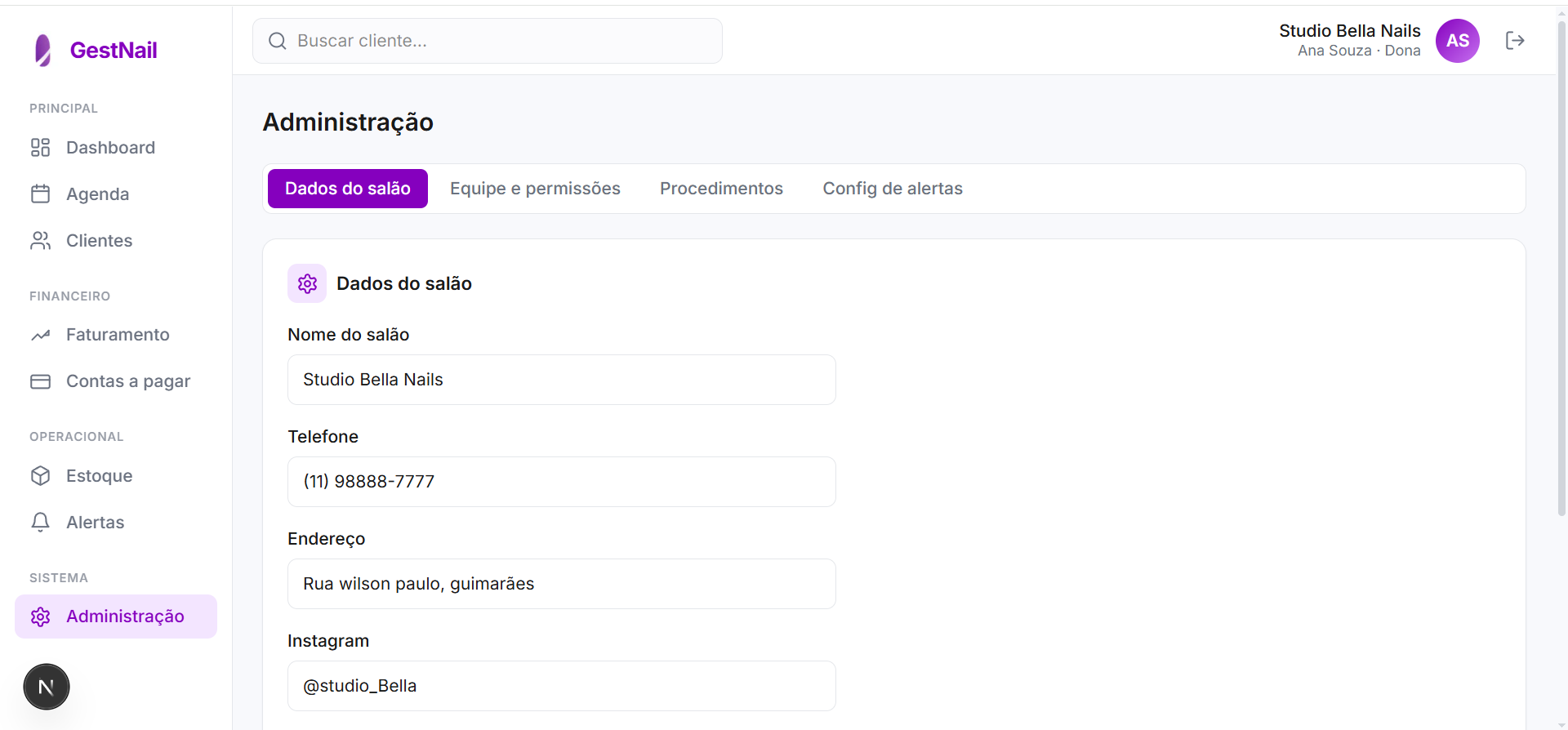Tela de Administração do GestNail