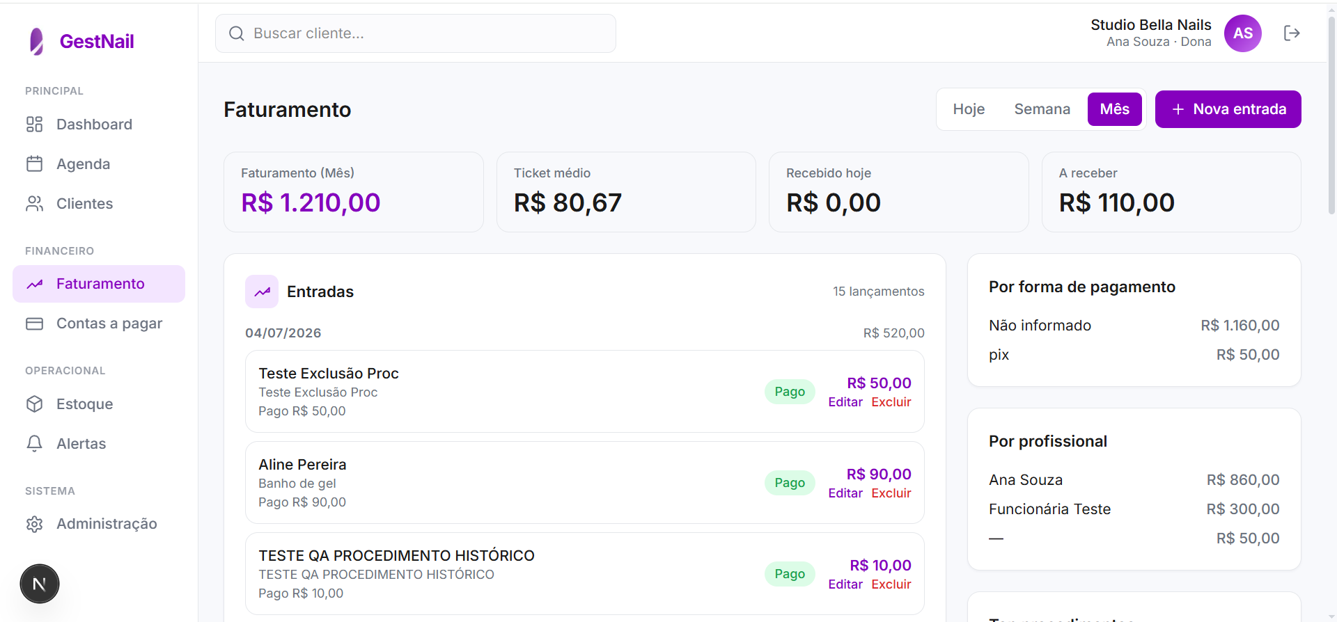 Tela de Faturamento do GestNail